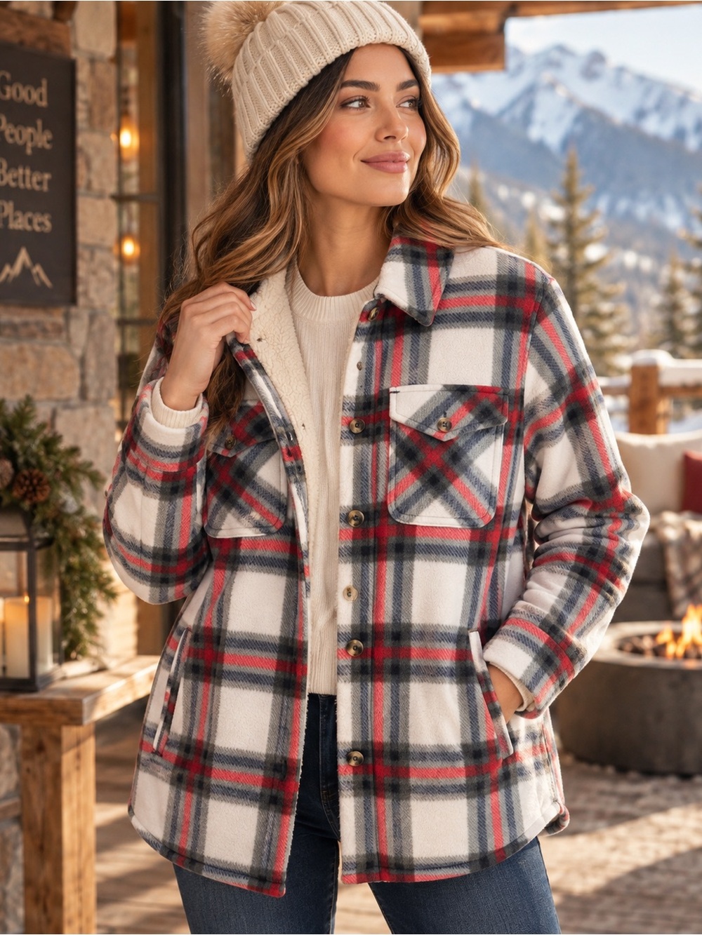Sage Plaid Teddy Jacket in White, Red & Gray
